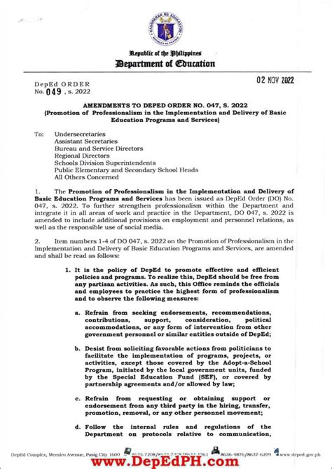 DepEd Order 49 Series of 2022: Promotion of Professionalism in .